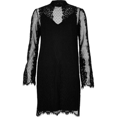 Black layered lace slip dress